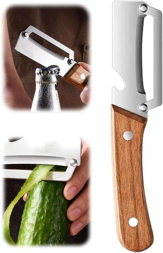 2 in 1 Multi-Functional Vegetable Peeler for Kitchen, 2026 New Stainless Steel Peeler with Bottle Opener and Wooden Handle, Kitchen Tool Peeler for Vegetable, Veggie, Fruit (Silver*1)