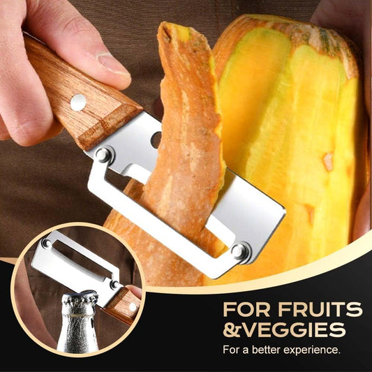 2 in 1 Multi-Functional Vegetable Peeler for Kitchen, 2026 New Stainless Steel Peeler with Bottle Opener and Wooden Handle, Kitchen Tool Peeler for Vegetable, Veggie, Fruit (Silver*1)