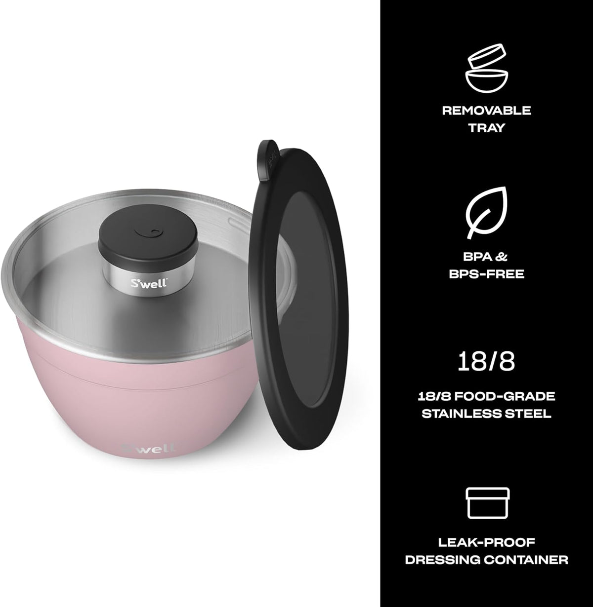 Stainless Steel 64oz Salad Bowl Kit, Pink Topaz Color, Comes with 2oz Mini Canister and Removable Tray for Organization, Leakproof and Dishwasher Safe