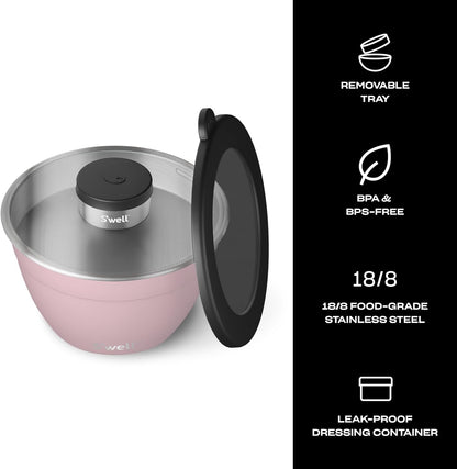 Stainless Steel 64oz Salad Bowl Kit, Pink Topaz Color, Comes with 2oz Mini Canister and Removable Tray for Organization, Leakproof and Dishwasher Safe