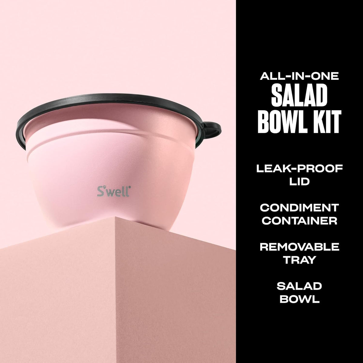 Stainless Steel 64oz Salad Bowl Kit, Pink Topaz Color, Comes with 2oz Mini Canister and Removable Tray for Organization, Leakproof and Dishwasher Safe
