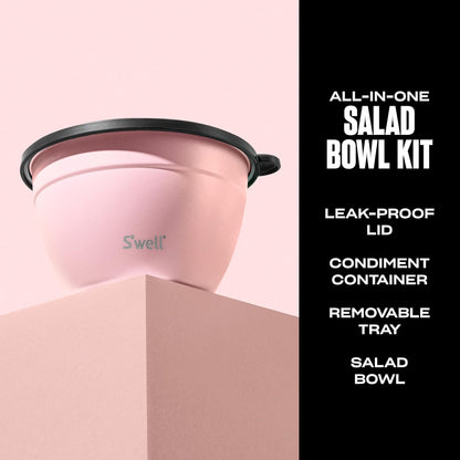 Stainless Steel 64oz Salad Bowl Kit, Pink Topaz Color, Comes with 2oz Mini Canister and Removable Tray for Organization, Leakproof and Dishwasher Safe