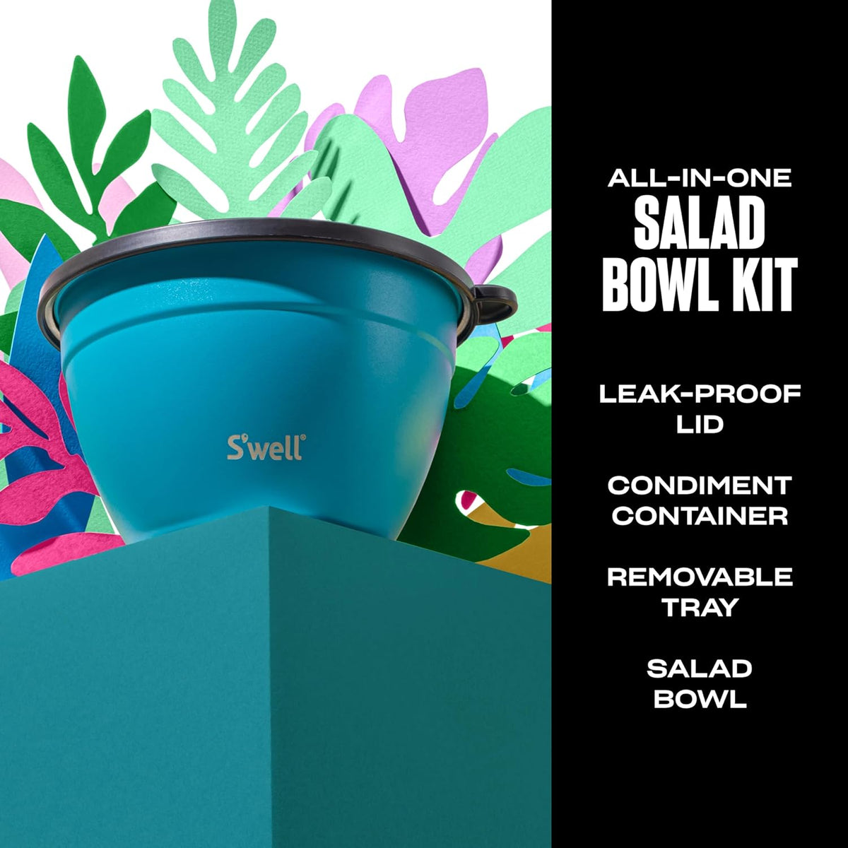 Stainless Steel 64oz Salad Bowl Kit, Pink Topaz Color, Comes with 2oz Mini Canister and Removable Tray for Organization, Leakproof and Dishwasher Safe