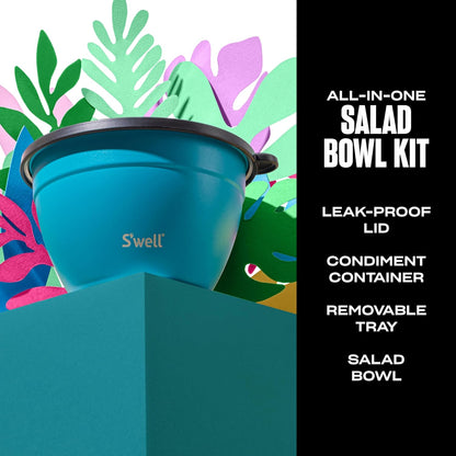Stainless Steel 64oz Salad Bowl Kit, Pink Topaz Color, Comes with 2oz Mini Canister and Removable Tray for Organization, Leakproof and Dishwasher Safe