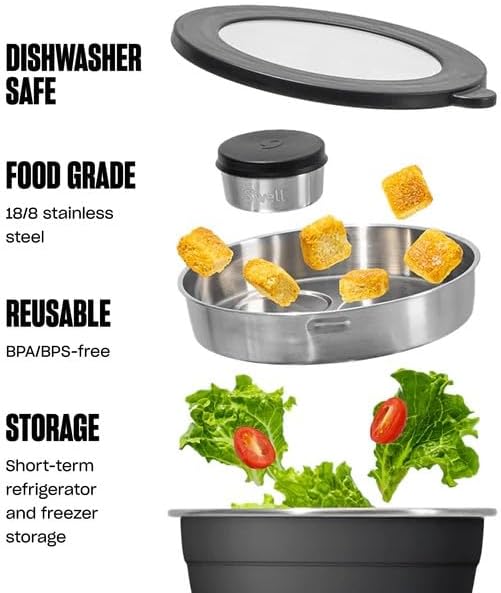 Stainless Steel 64oz Salad Bowl Kit, Pink Topaz Color, Comes with 2oz Mini Canister and Removable Tray for Organization, Leakproof and Dishwasher Safe