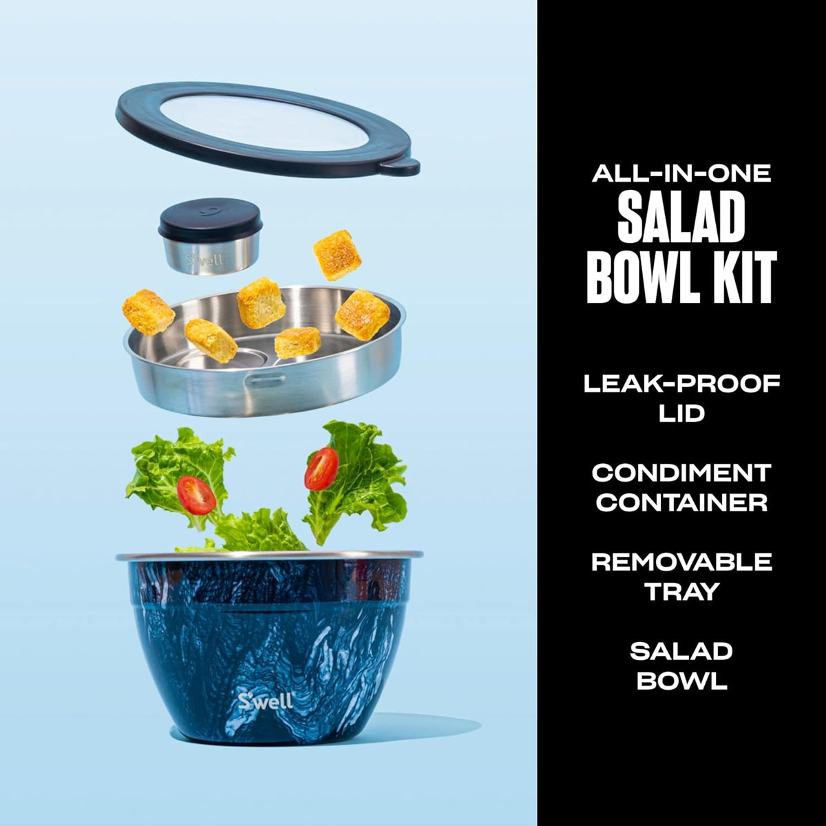 Stainless Steel 64oz Salad Bowl Kit, Pink Topaz Color, Comes with 2oz Mini Canister and Removable Tray for Organization, Leakproof and Dishwasher Safe