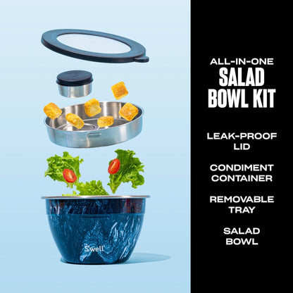 Stainless Steel 64oz Salad Bowl Kit, Pink Topaz Color, Comes with 2oz Mini Canister and Removable Tray for Organization, Leakproof and Dishwasher Safe