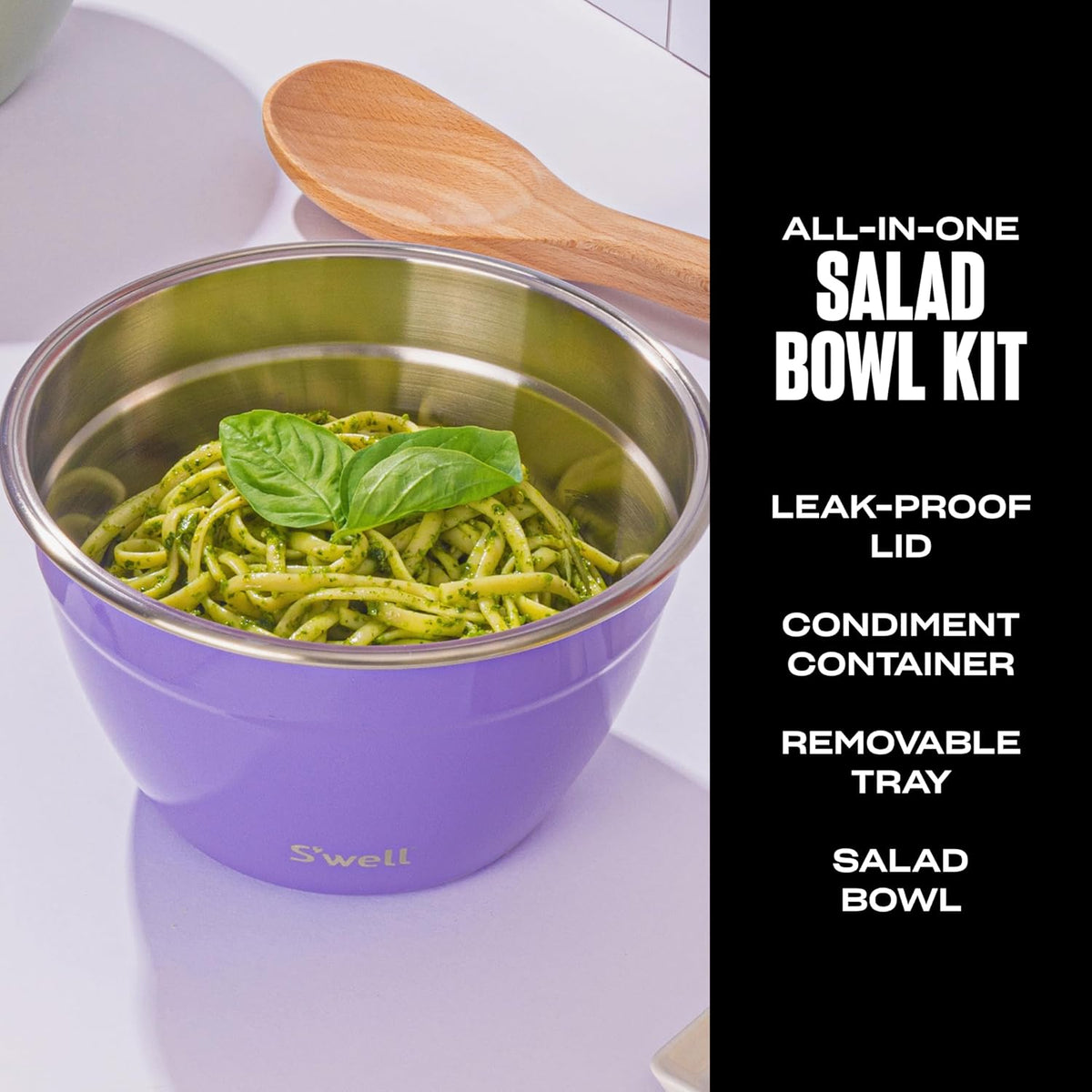 Stainless Steel 64oz Salad Bowl Kit, Pink Topaz Color, Comes with 2oz Mini Canister and Removable Tray for Organization, Leakproof and Dishwasher Safe