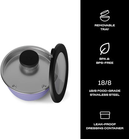 Stainless Steel 64oz Salad Bowl Kit, Pink Topaz Color, Comes with 2oz Mini Canister and Removable Tray for Organization, Leakproof and Dishwasher Safe