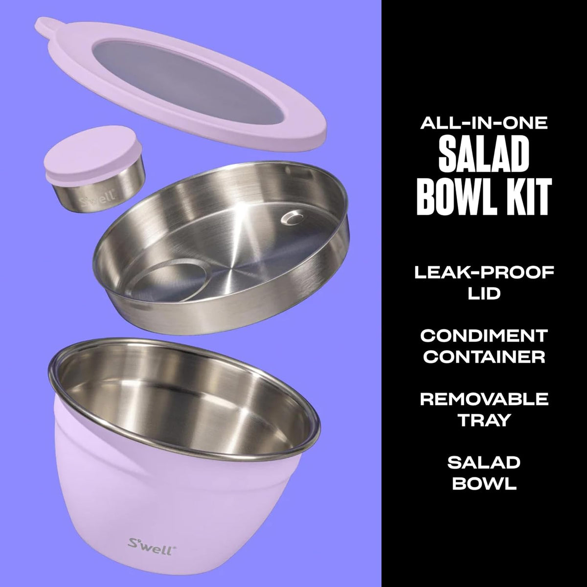 Stainless Steel 64oz Salad Bowl Kit, Pink Topaz Color, Comes with 2oz Mini Canister and Removable Tray for Organization, Leakproof and Dishwasher Safe