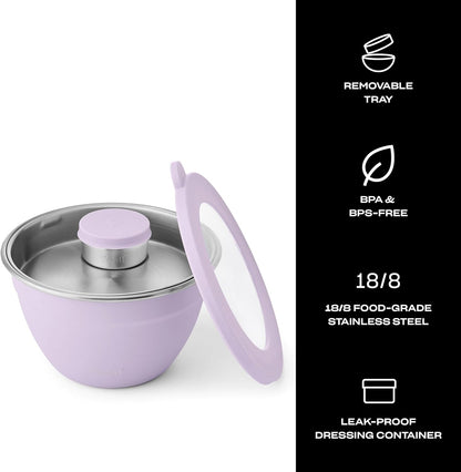 Stainless Steel 64oz Salad Bowl Kit, Pink Topaz Color, Comes with 2oz Mini Canister and Removable Tray for Organization, Leakproof and Dishwasher Safe