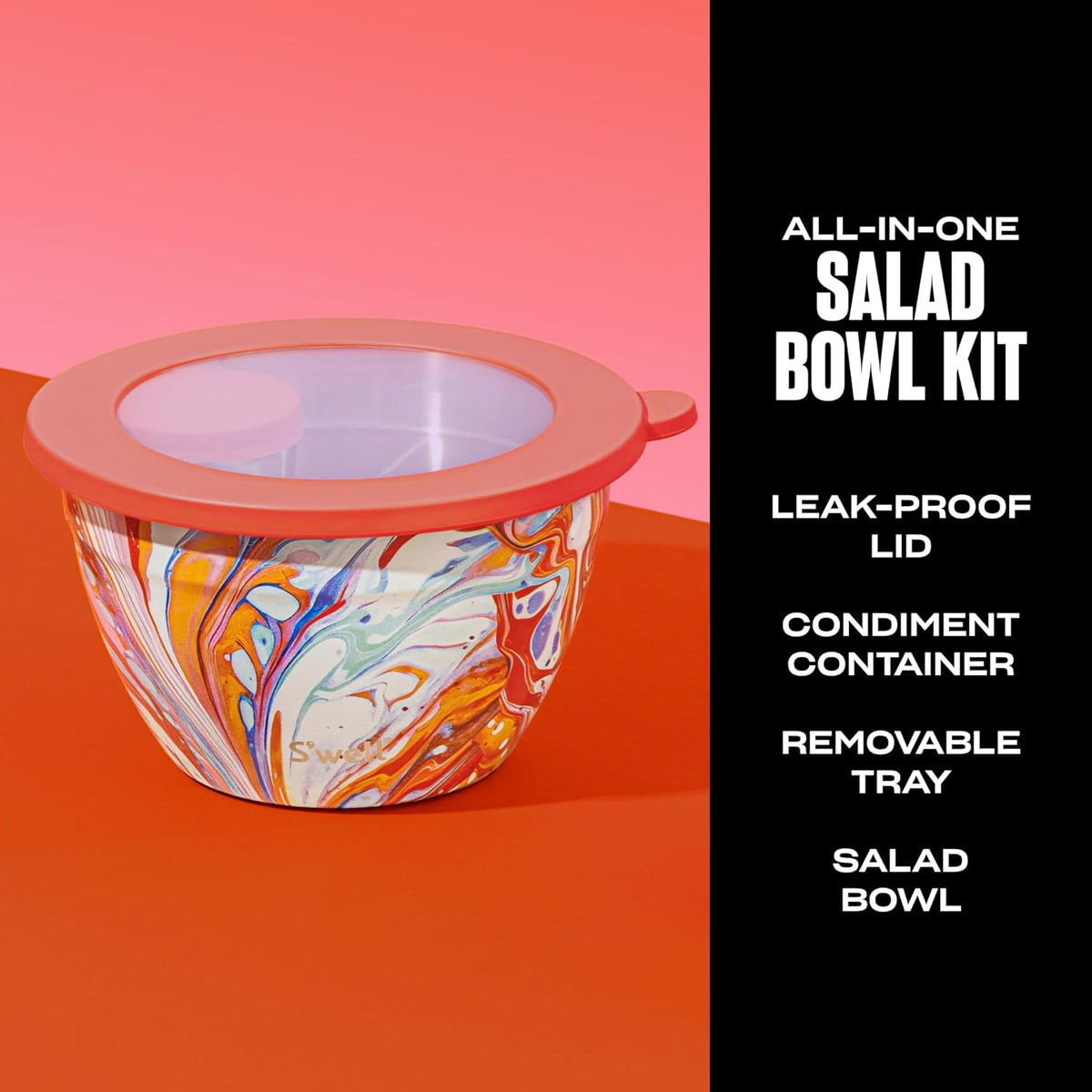 Stainless Steel 64oz Salad Bowl Kit, Pink Topaz Color, Comes with 2oz Mini Canister and Removable Tray for Organization, Leakproof and Dishwasher Safe