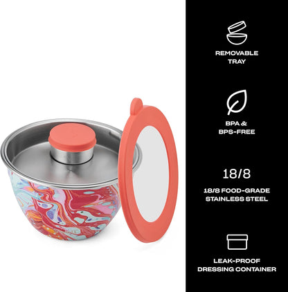 Stainless Steel 64oz Salad Bowl Kit, Pink Topaz Color, Comes with 2oz Mini Canister and Removable Tray for Organization, Leakproof and Dishwasher Safe