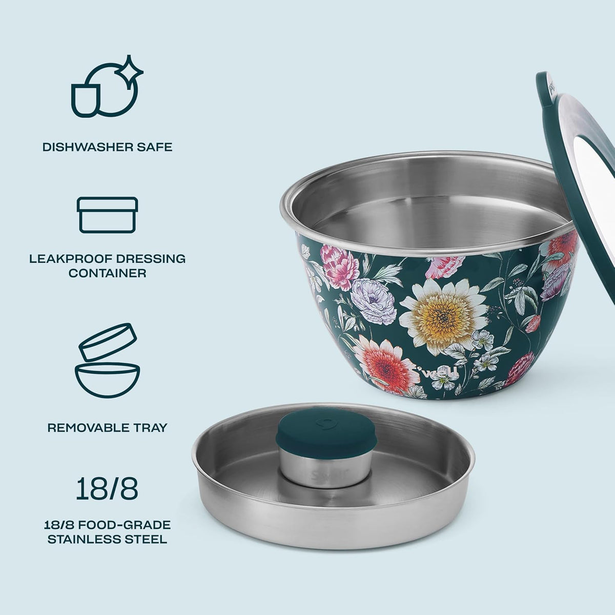 Stainless Steel 64oz Salad Bowl Kit, Pink Topaz Color, Comes with 2oz Mini Canister and Removable Tray for Organization, Leakproof and Dishwasher Safe