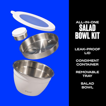 Stainless Steel 64oz Salad Bowl Kit, Pink Topaz Color, Comes with 2oz Mini Canister and Removable Tray for Organization, Leakproof and Dishwasher Safe