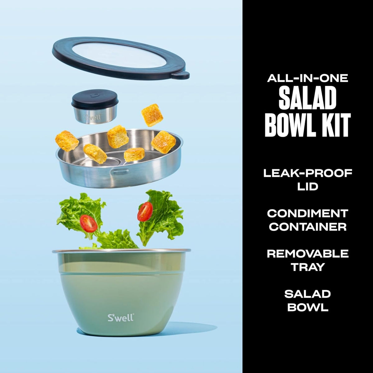 Stainless Steel 64oz Salad Bowl Kit, Pink Topaz Color, Comes with 2oz Mini Canister and Removable Tray for Organization, Leakproof and Dishwasher Safe