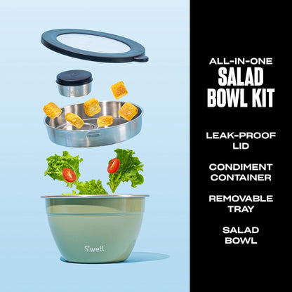 Stainless Steel 64oz Salad Bowl Kit, Pink Topaz Color, Comes with 2oz Mini Canister and Removable Tray for Organization, Leakproof and Dishwasher Safe
