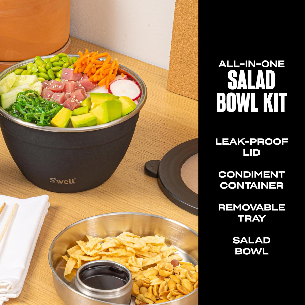 Stainless Steel 64oz Salad Bowl Kit, Pink Topaz Color, Comes with 2oz Mini Canister and Removable Tray for Organization, Leakproof and Dishwasher Safe