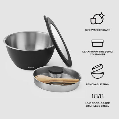 Stainless Steel 64oz Salad Bowl Kit, Pink Topaz Color, Comes with 2oz Mini Canister and Removable Tray for Organization, Leakproof and Dishwasher Safe