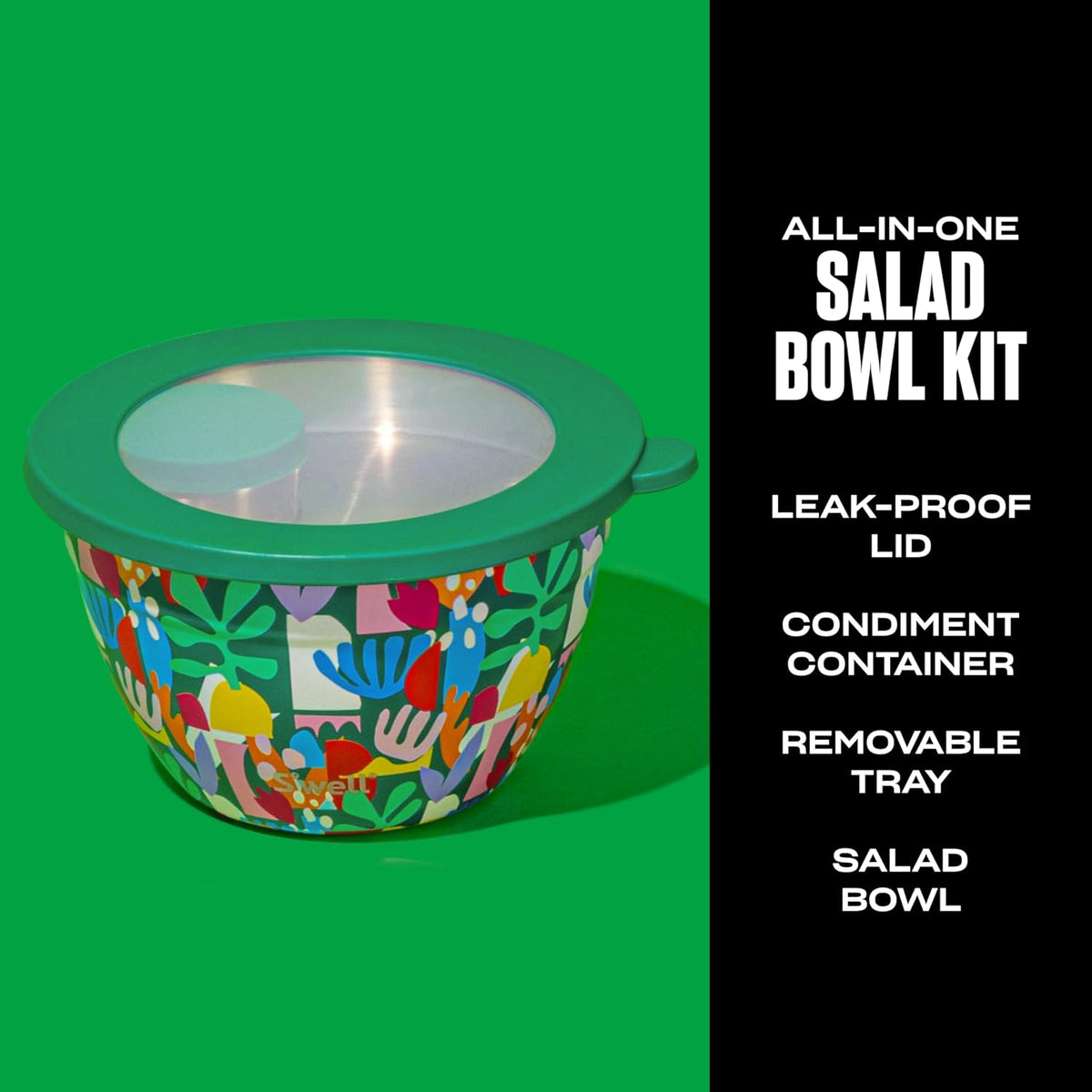 Stainless Steel 64oz Salad Bowl Kit, Pink Topaz Color, Comes with 2oz Mini Canister and Removable Tray for Organization, Leakproof and Dishwasher Safe