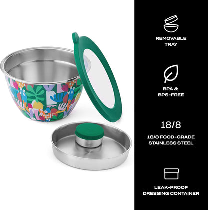 Stainless Steel 64oz Salad Bowl Kit, Pink Topaz Color, Comes with 2oz Mini Canister and Removable Tray for Organization, Leakproof and Dishwasher Safe