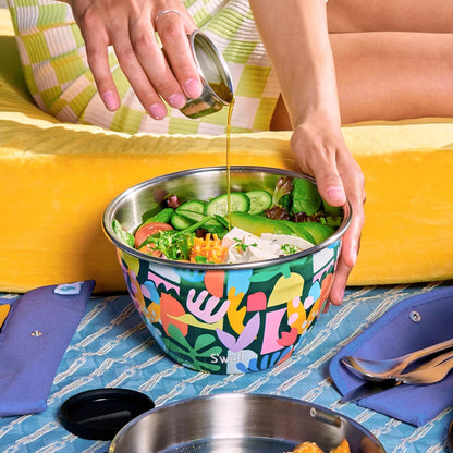 Stainless Steel 64oz Salad Bowl Kit, Pink Topaz Color, Comes with 2oz Mini Canister and Removable Tray for Organization, Leakproof and Dishwasher Safe