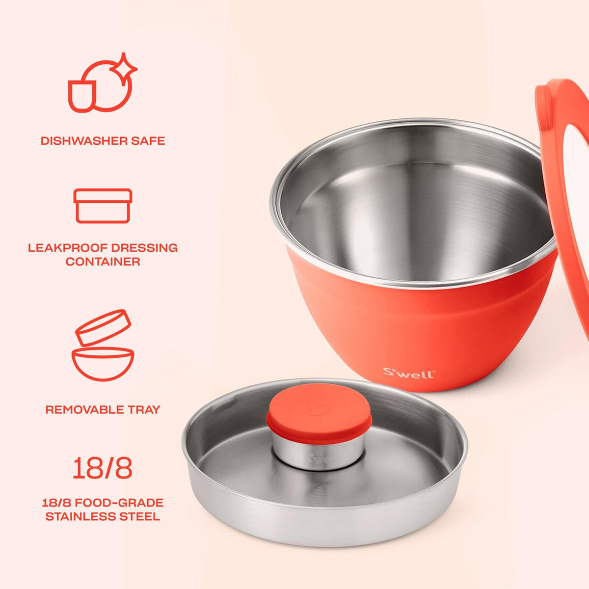 Stainless Steel 64oz Salad Bowl Kit, Pink Topaz Color, Comes with 2oz Mini Canister and Removable Tray for Organization, Leakproof and Dishwasher Safe