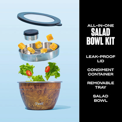 Stainless Steel 64oz Salad Bowl Kit, Pink Topaz Color, Comes with 2oz Mini Canister and Removable Tray for Organization, Leakproof and Dishwasher Safe