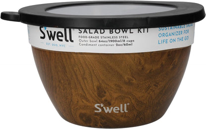 Stainless Steel 64oz Salad Bowl Kit, Pink Topaz Color, Comes with 2oz Mini Canister and Removable Tray for Organization, Leakproof and Dishwasher Safe