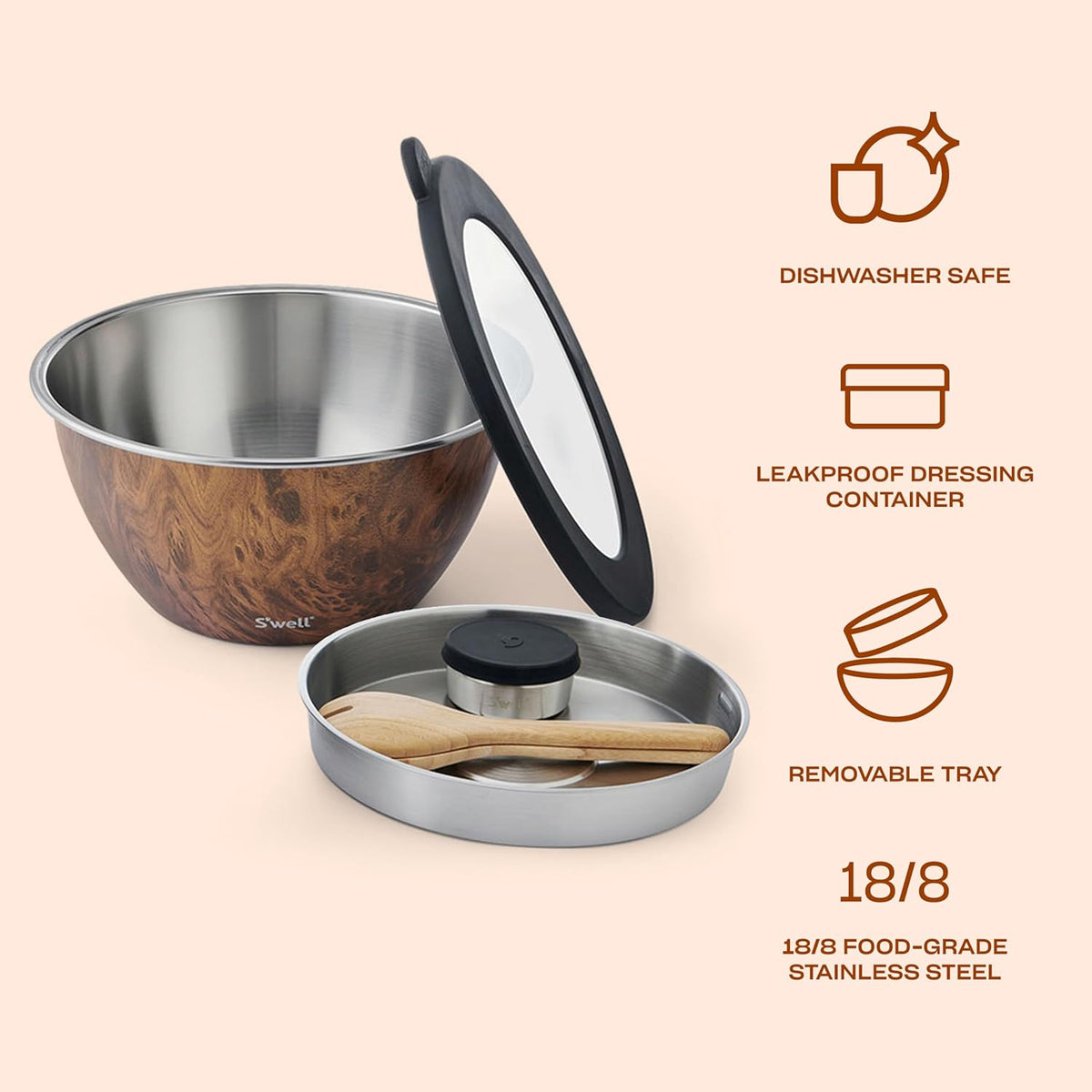 Stainless Steel 64oz Salad Bowl Kit, Pink Topaz Color, Comes with 2oz Mini Canister and Removable Tray for Organization, Leakproof and Dishwasher Safe