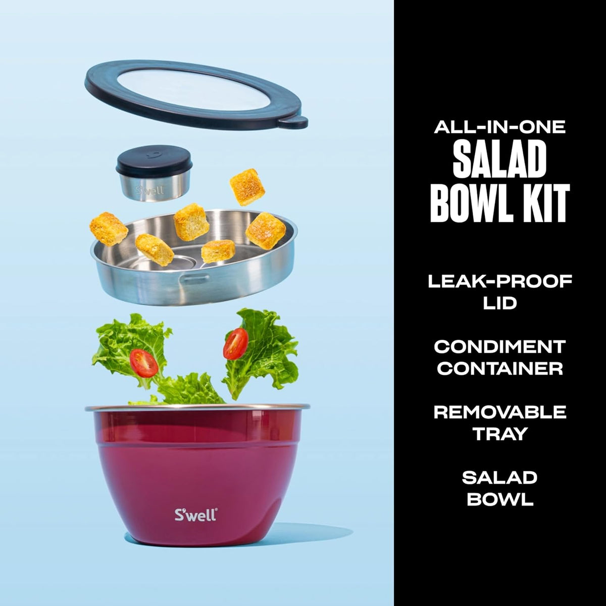 Stainless Steel 64oz Salad Bowl Kit, Pink Topaz Color, Comes with 2oz Mini Canister and Removable Tray for Organization, Leakproof and Dishwasher Safe