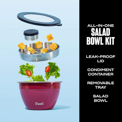 Stainless Steel 64oz Salad Bowl Kit, Pink Topaz Color, Comes with 2oz Mini Canister and Removable Tray for Organization, Leakproof and Dishwasher Safe