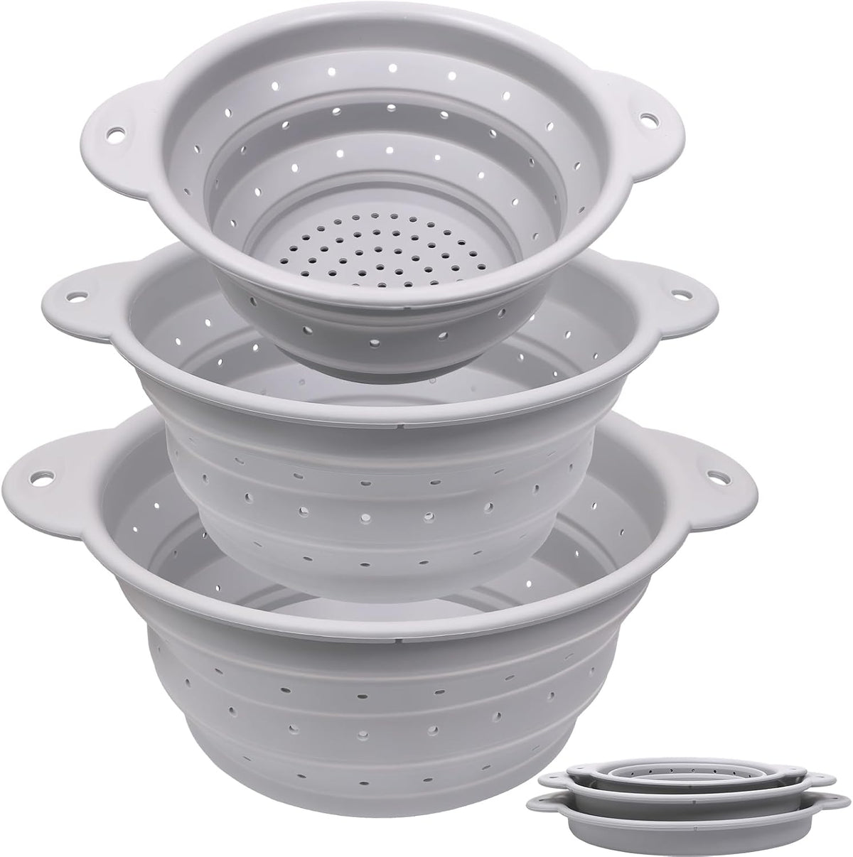 Silicone Collapsible Colander Set of 3, Thickened Foldable Strainers with Stainless Steel Rim, Heat-Resistant for Pasta, Washing Fruit, Vegetable Storage, Dishwasher Safe, BPA Free