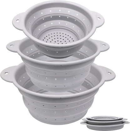 Silicone Collapsible Colander Set of 3, Thickened Foldable Strainers with Stainless Steel Rim, Heat-Resistant for Pasta, Washing Fruit, Vegetable Storage, Dishwasher Safe, BPA Free
