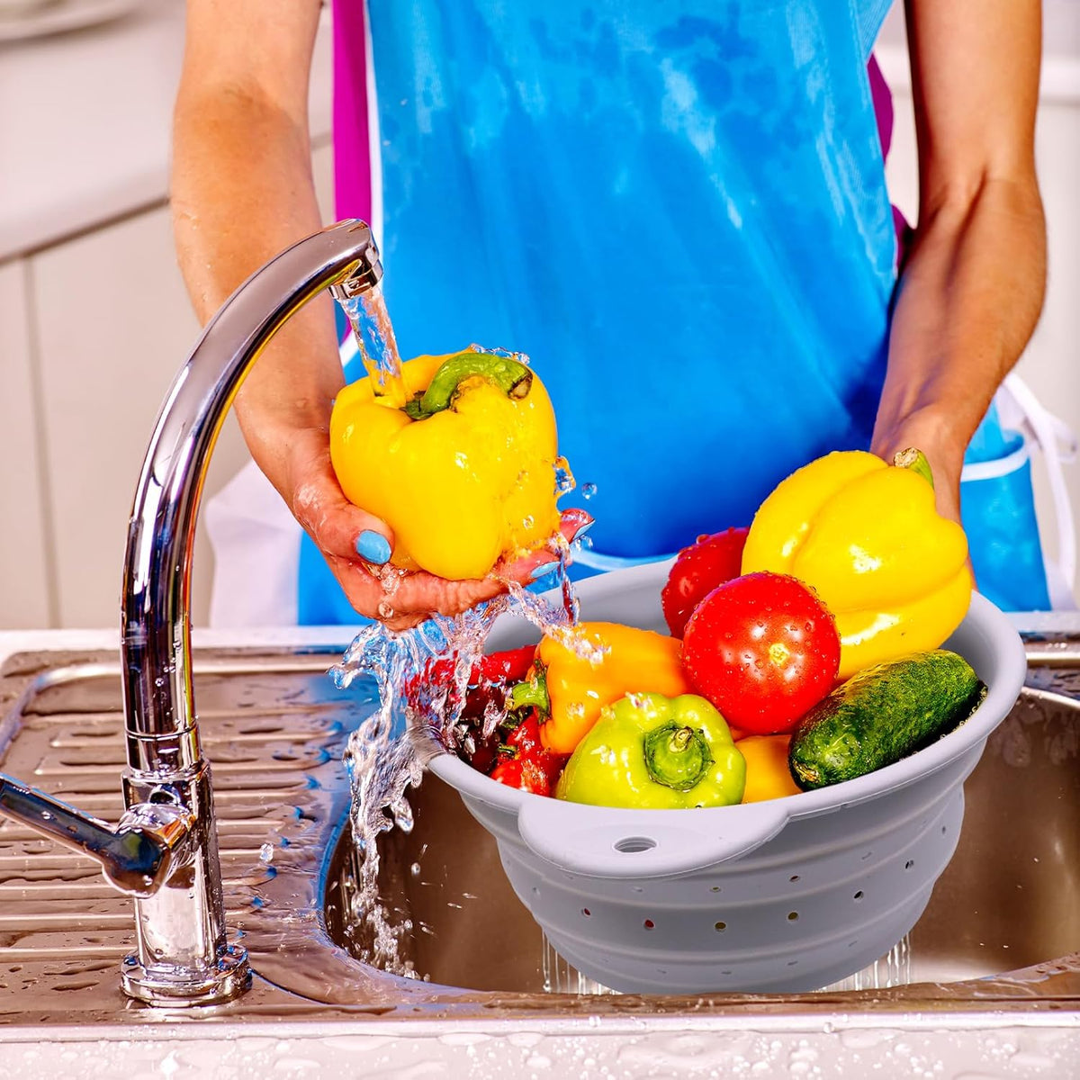 Silicone Collapsible Colander Set of 3, Thickened Foldable Strainers with Stainless Steel Rim, Heat-Resistant for Pasta, Washing Fruit, Vegetable Storage, Dishwasher Safe, BPA Free