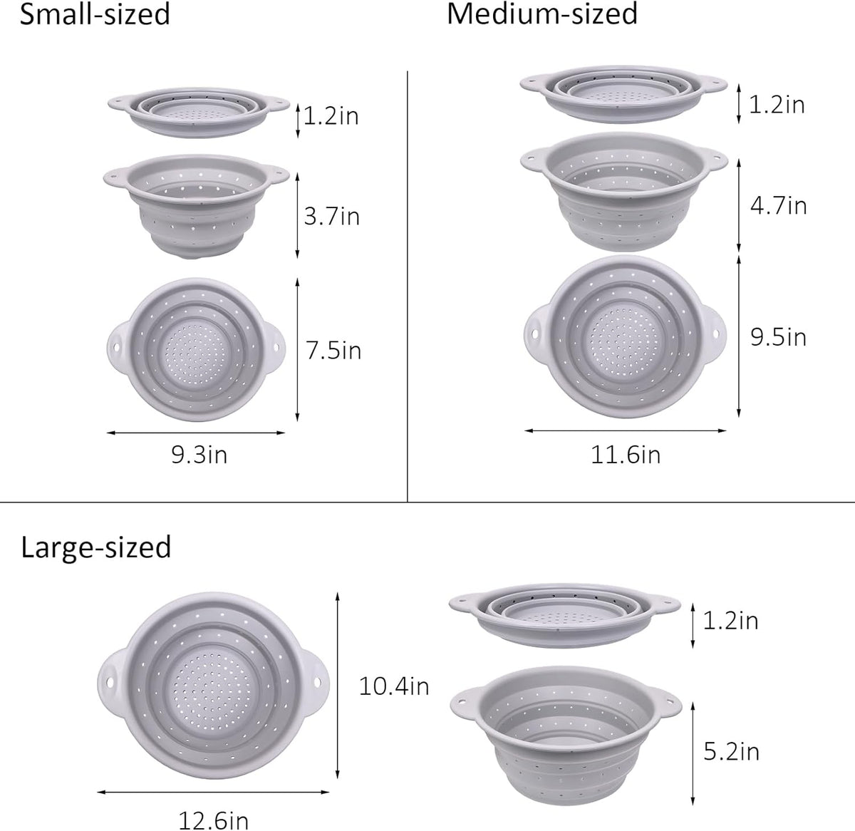 Silicone Collapsible Colander Set of 3, Thickened Foldable Strainers with Stainless Steel Rim, Heat-Resistant for Pasta, Washing Fruit, Vegetable Storage, Dishwasher Safe, BPA Free