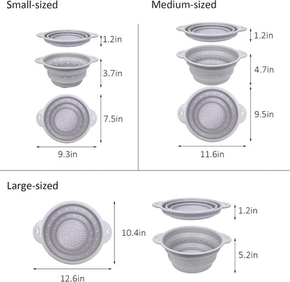 Silicone Collapsible Colander Set of 3, Thickened Foldable Strainers with Stainless Steel Rim, Heat-Resistant for Pasta, Washing Fruit, Vegetable Storage, Dishwasher Safe, BPA Free