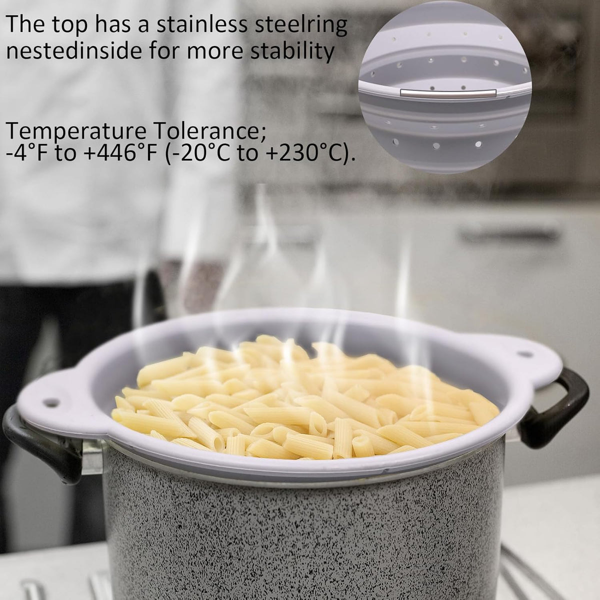 Silicone Collapsible Colander Set of 3, Thickened Foldable Strainers with Stainless Steel Rim, Heat-Resistant for Pasta, Washing Fruit, Vegetable Storage, Dishwasher Safe, BPA Free
