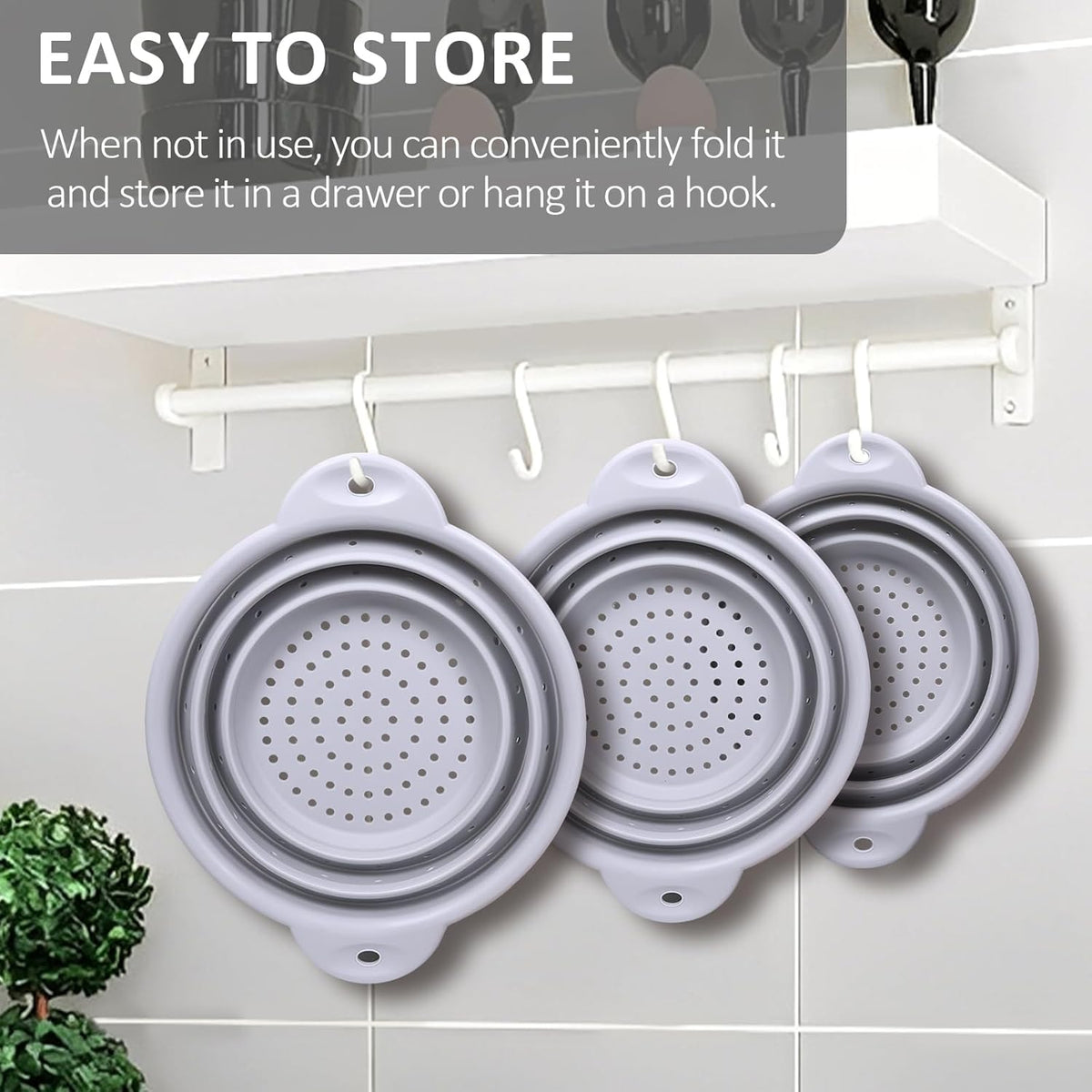 Silicone Collapsible Colander Set of 3, Thickened Foldable Strainers with Stainless Steel Rim, Heat-Resistant for Pasta, Washing Fruit, Vegetable Storage, Dishwasher Safe, BPA Free