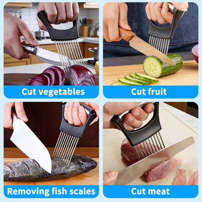Onion Slicer Holder with Protective Case | Stainless Steel Onion Cutter Tool for Kitchen, Lemon, Potato, Tomato, Avocado, Vegetable & Fruit Slicing Assistant