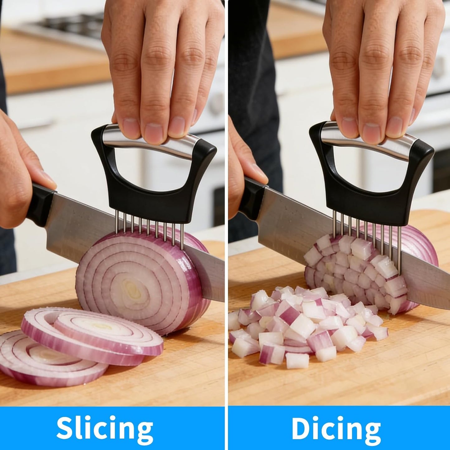 Onion Slicer Holder with Protective Case | Stainless Steel Onion Cutter Tool for Kitchen, Lemon, Potato, Tomato, Avocado, Vegetable & Fruit Slicing Assistant