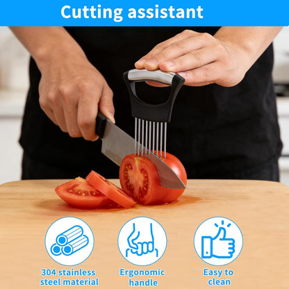 Onion Slicer Holder with Protective Case | Stainless Steel Onion Cutter Tool for Kitchen, Lemon, Potato, Tomato, Avocado, Vegetable & Fruit Slicing Assistant
