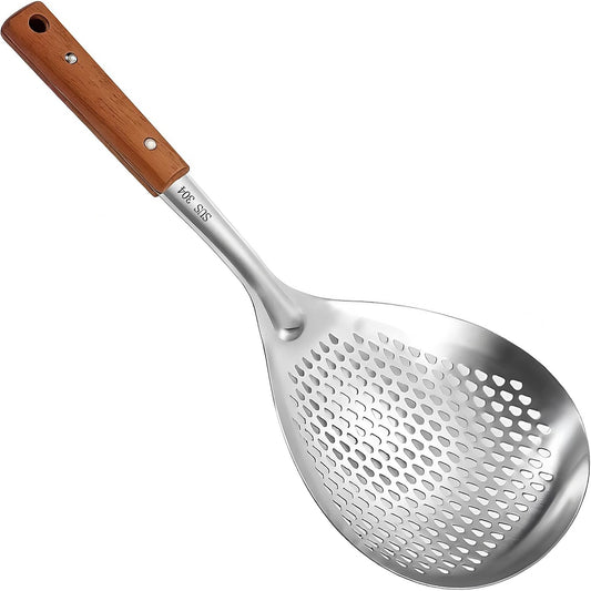 Stainless Steel Mesh Spider Strainer Wooden Handle On Pasta Noodle | Food-Grade stainless steel fine mesh spoon,metal strainer,large draining design,multipurpose kitchen tool for fruit food
