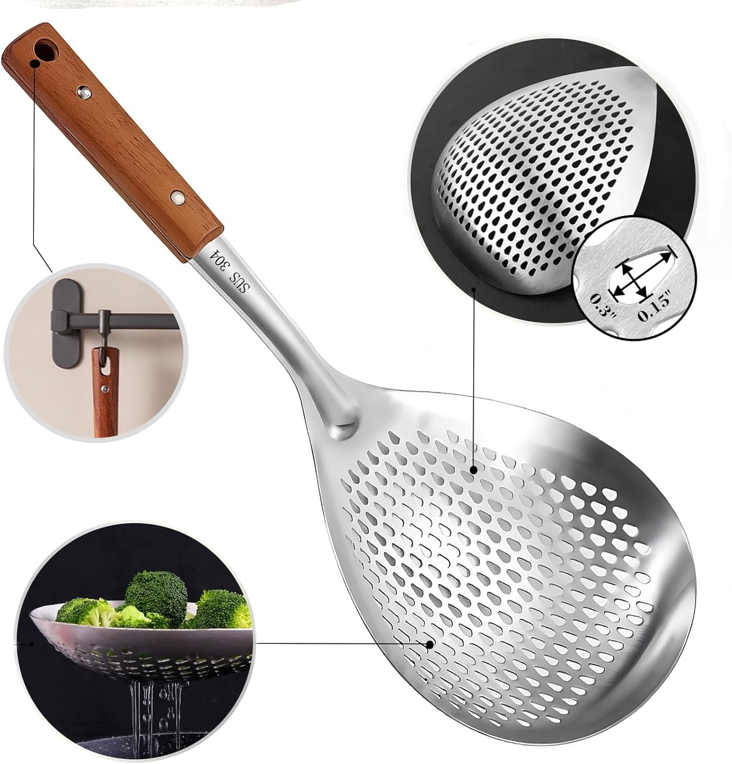 Stainless Steel Mesh Spider Strainer Wooden Handle On Pasta Noodle | Food-Grade stainless steel fine mesh spoon,metal strainer,large draining design,multipurpose kitchen tool for fruit food