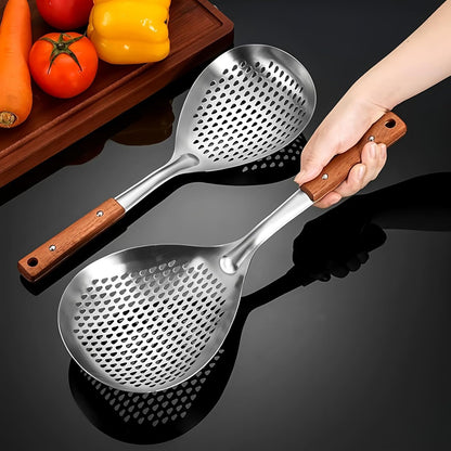 Stainless Steel Mesh Spider Strainer Wooden Handle On Pasta Noodle | Food-Grade stainless steel fine mesh spoon,metal strainer,large draining design,multipurpose kitchen tool for fruit food