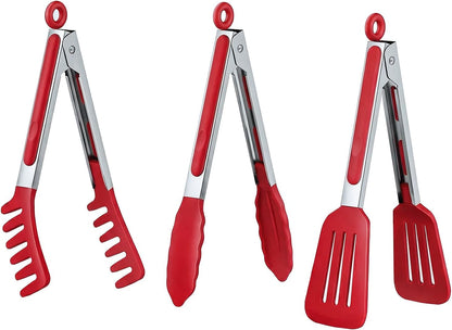 3 Pack Kitchen Tongs, Non Stick Stainless Steel 9 Inch Tongs With Silicone Tip for Cooking BBQ Baking(Red)