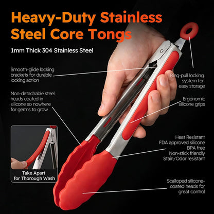 3 Pack Kitchen Tongs, Non Stick Stainless Steel 9 Inch Tongs With Silicone Tip for Cooking BBQ Baking(Red)