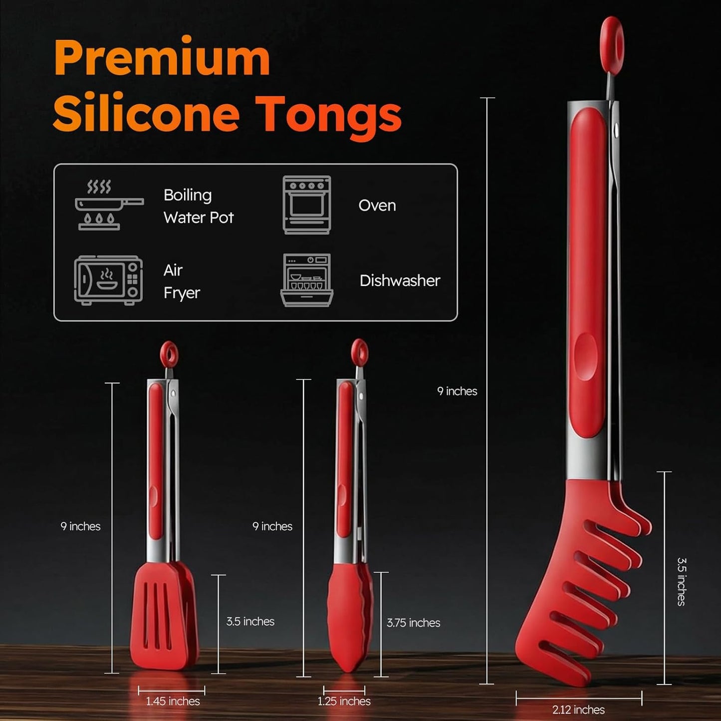 3 Pack Kitchen Tongs, Non Stick Stainless Steel 9 Inch Tongs With Silicone Tip for Cooking BBQ Baking(Red)