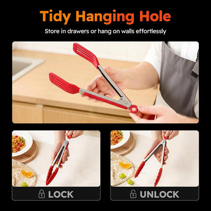 3 Pack Kitchen Tongs, Non Stick Stainless Steel 9 Inch Tongs With Silicone Tip for Cooking BBQ Baking(Red)