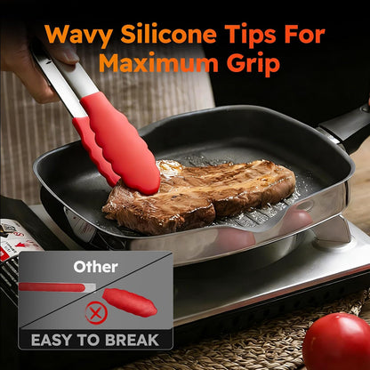 3 Pack Kitchen Tongs, Non Stick Stainless Steel 9 Inch Tongs With Silicone Tip for Cooking BBQ Baking(Red)